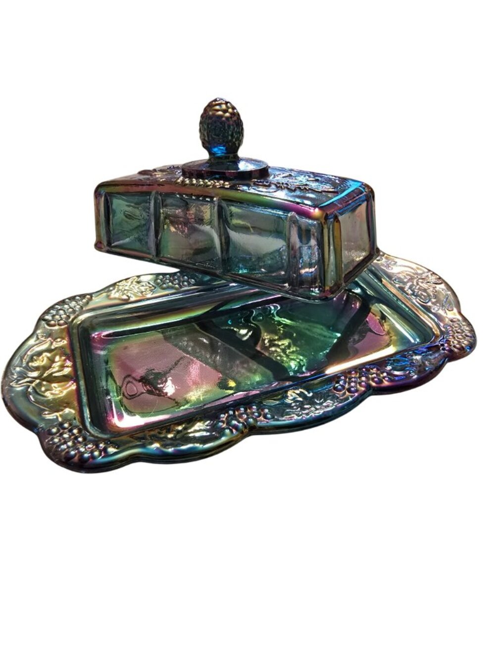 Iridescent Glass Butter Dish Grapevine Pattern Rectangular Indiana Glass JH8029 - Picture 7 of 9